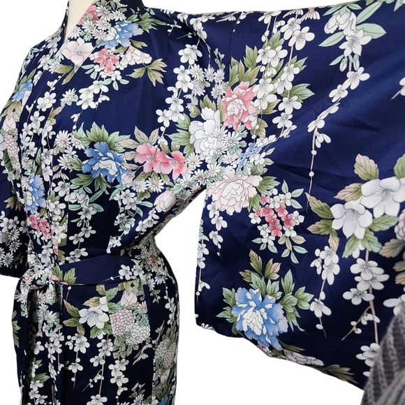 WOMEN'S YUKATA ROBE JAPANESE SUMMER KIMONO CHERRY BLOSSOM NAVY OS - Picture 10 of 13